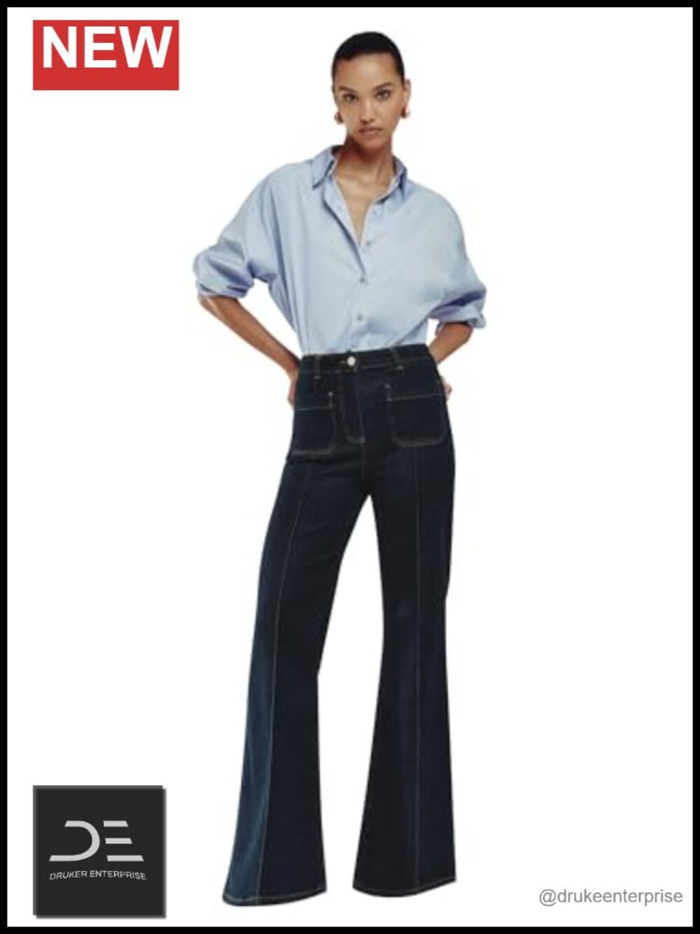 Flare Patch Pocket Jeans Cotton Blend Stitched Crease High Waist